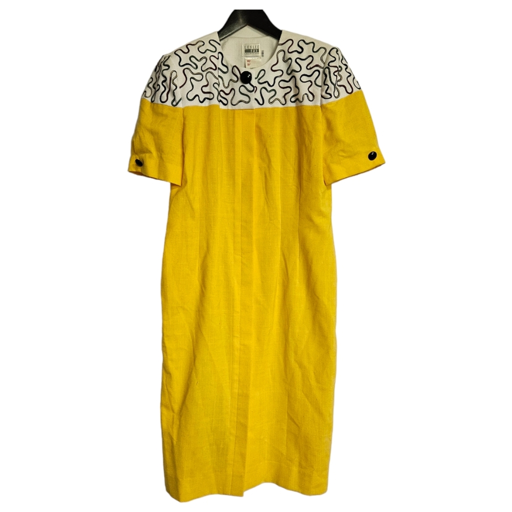 Leslie Fay Vintage women's yellow button front dress